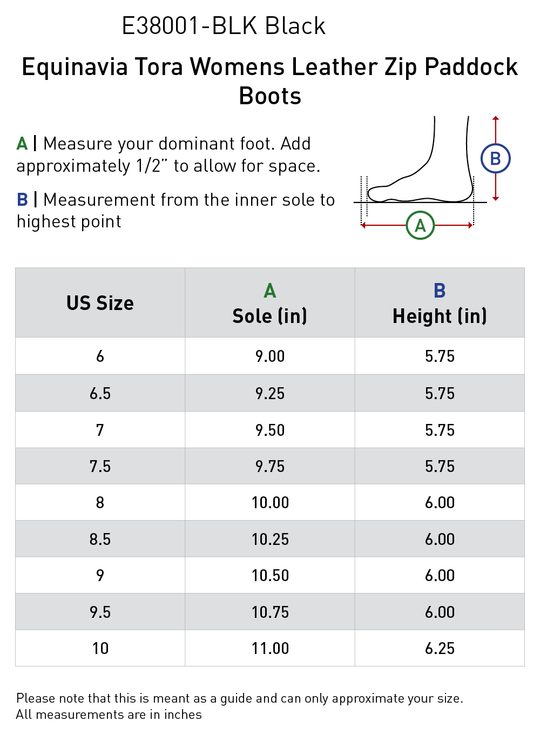Size chart: Paddock Boots