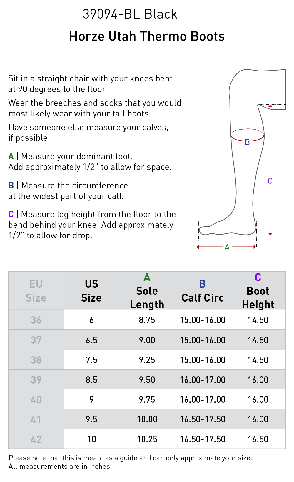 Size chart: Winter Tall Riding Boots