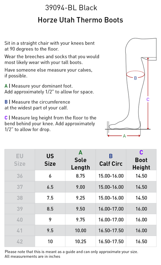 Size chart: Winter Tall Riding Boots