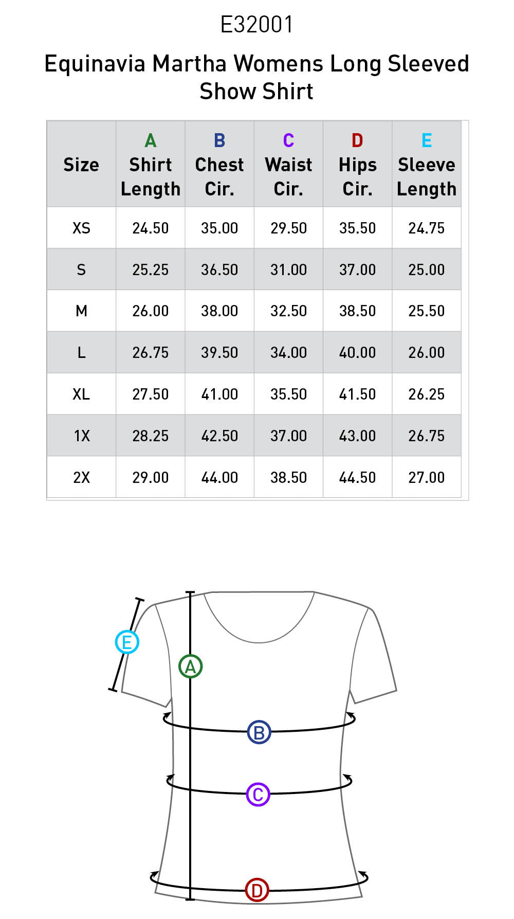 Size chart: English Show Shirts
