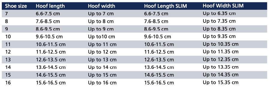 Size chart: Hoof Boots