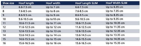 Size chart: Hoof Boots