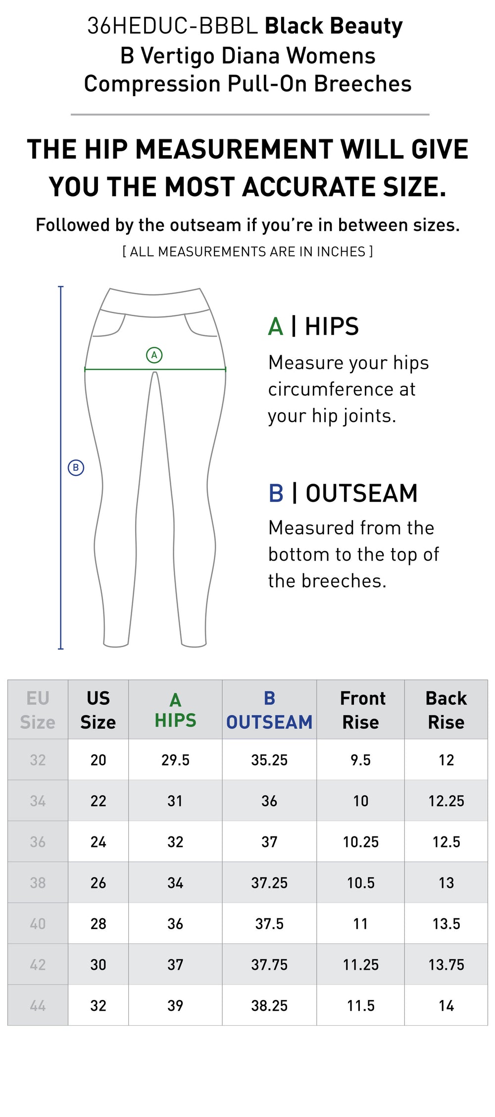 Size chart: Women's Full Seat Breeches & Tights