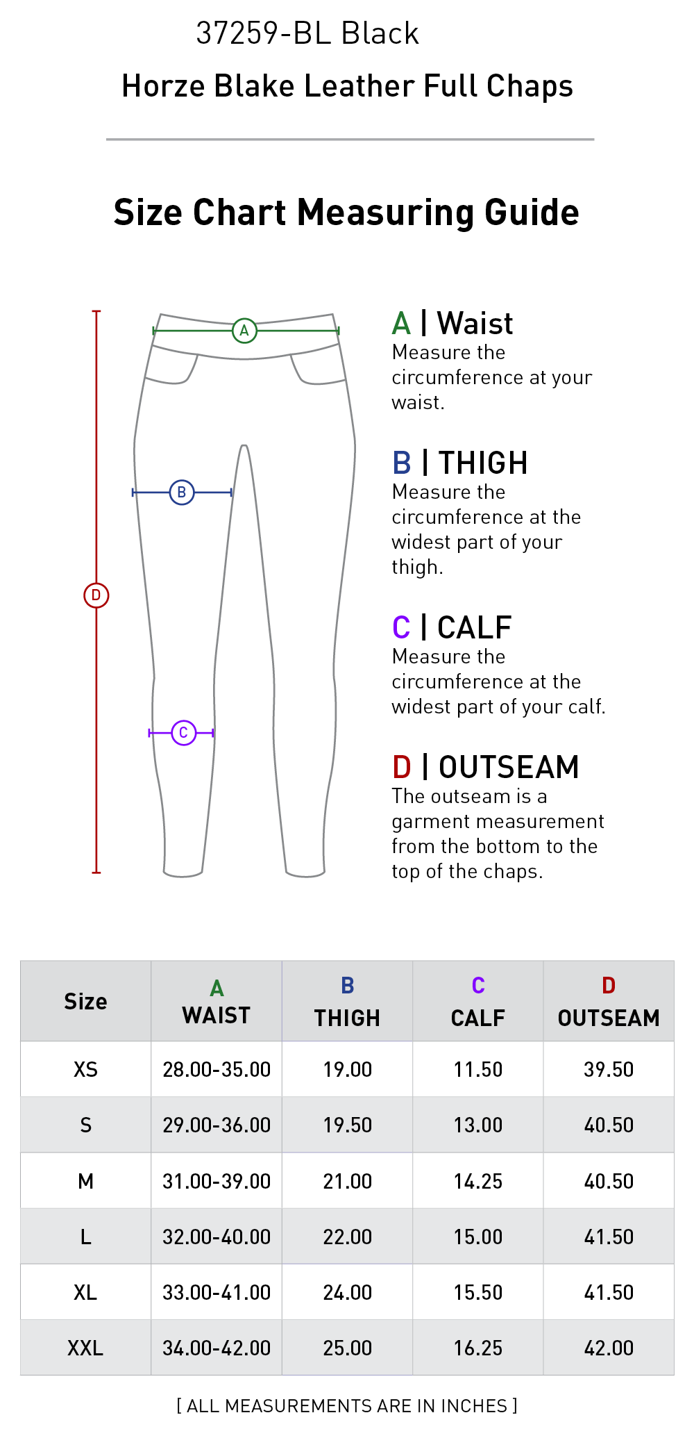 Size chart: Half Chaps