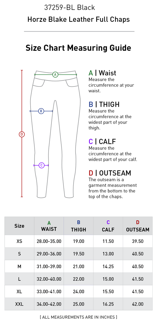 Size chart: Half Chaps