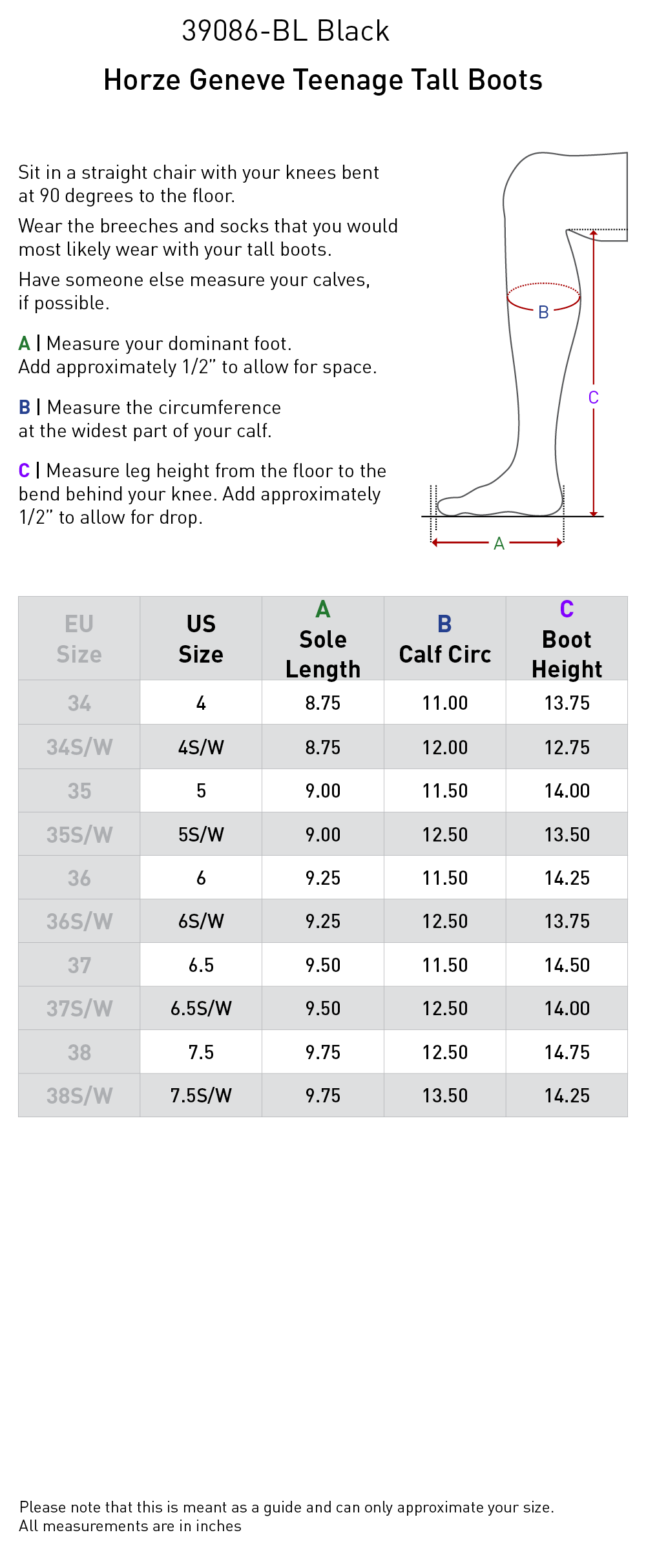 Size chart: Dress &amp; Dressage Boots