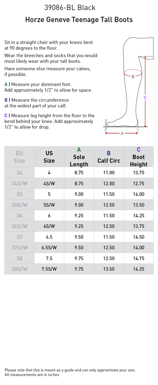Size chart: Dress &amp; Dressage Boots