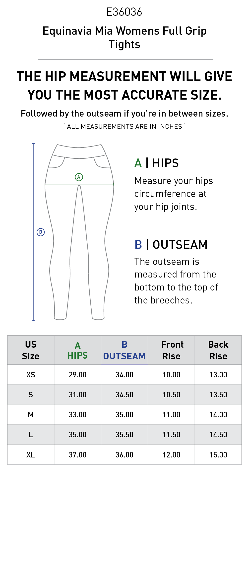 Size chart: Women's Full Seat Breeches & Tights