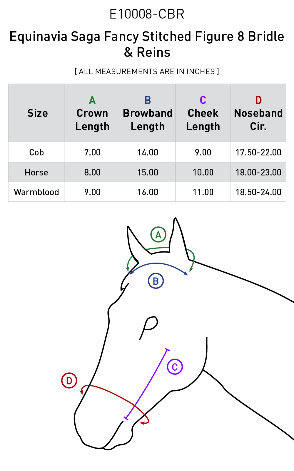 Size chart: English Bridles
