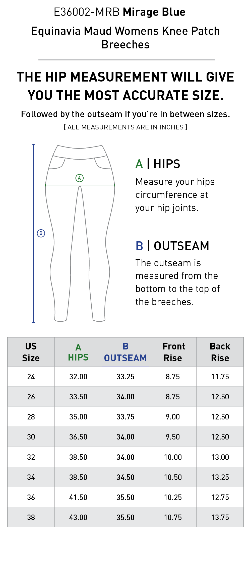 Size chart: Women's Knee Patch Breeches & Tights
