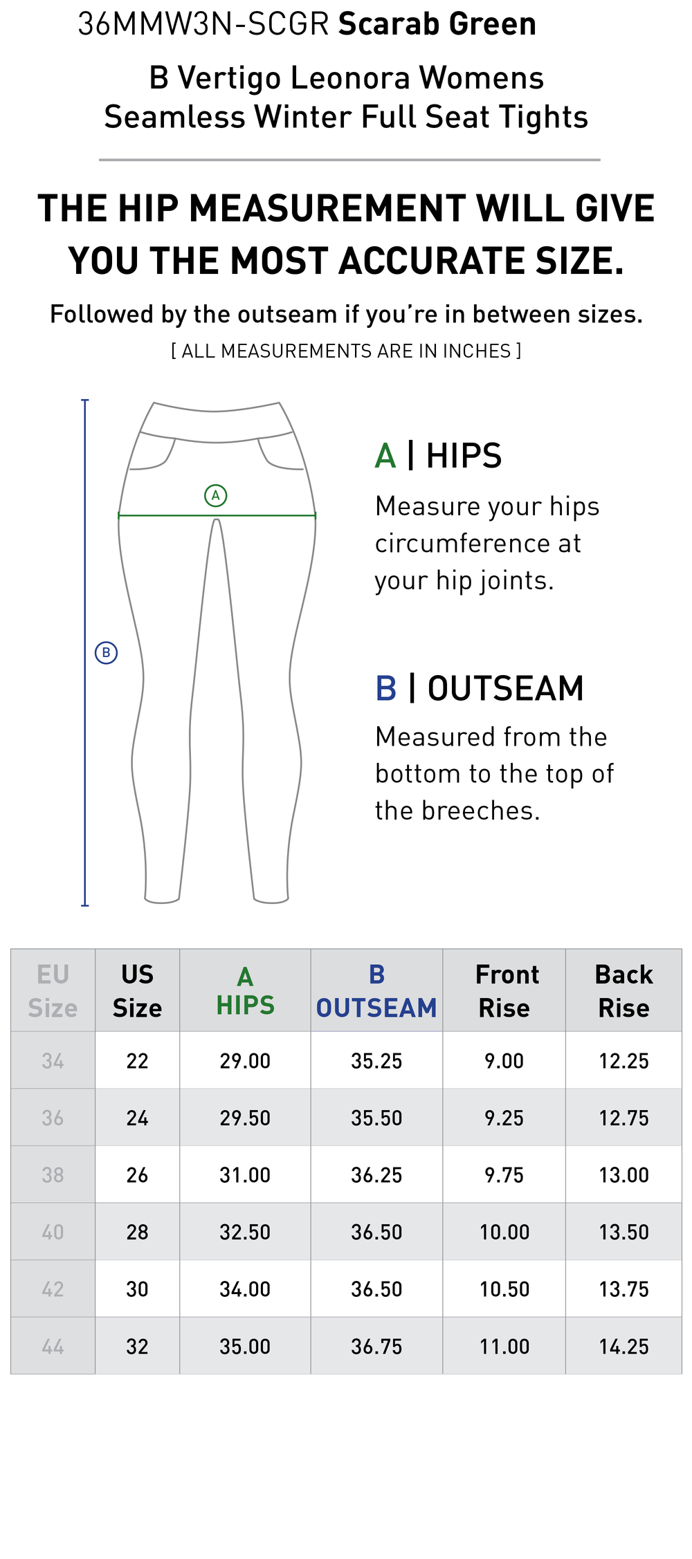 Size chart: Women's Full Seat Breeches & Tights