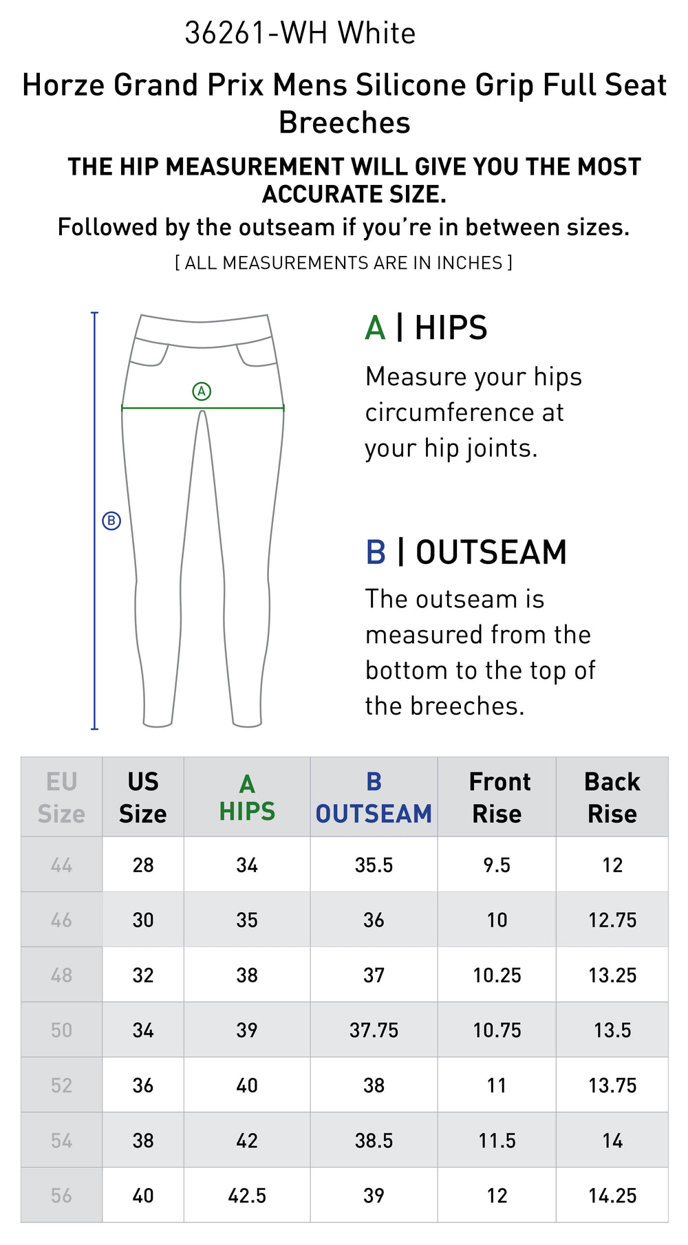 Size chart: Men's Riding Breeches