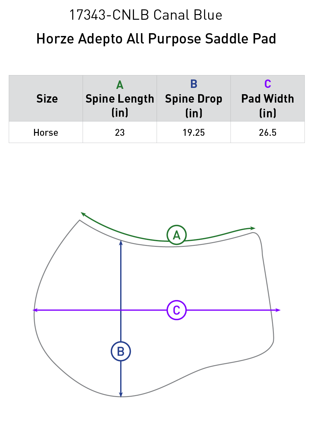 Size chart: Square All Purpose Saddle Pads