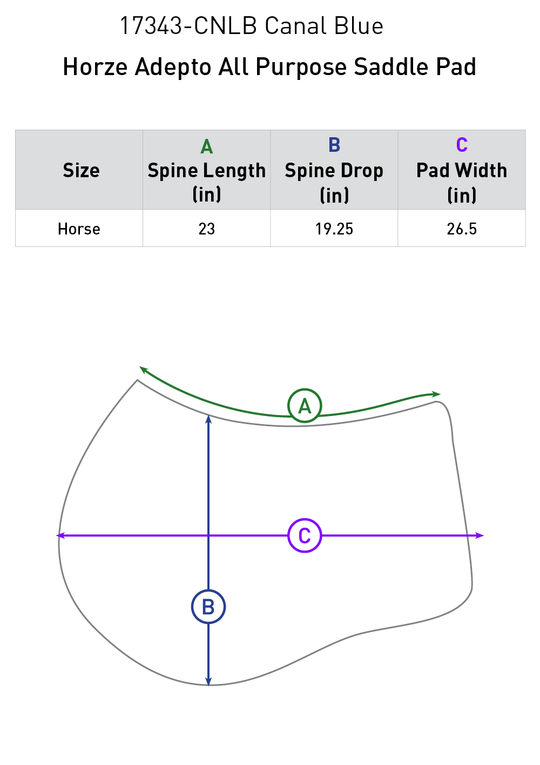 Size chart: Square All Purpose Saddle Pads