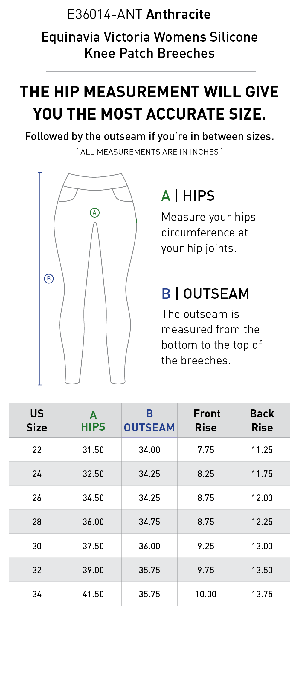 Size chart: Women's Knee Patch Breeches & Tights
