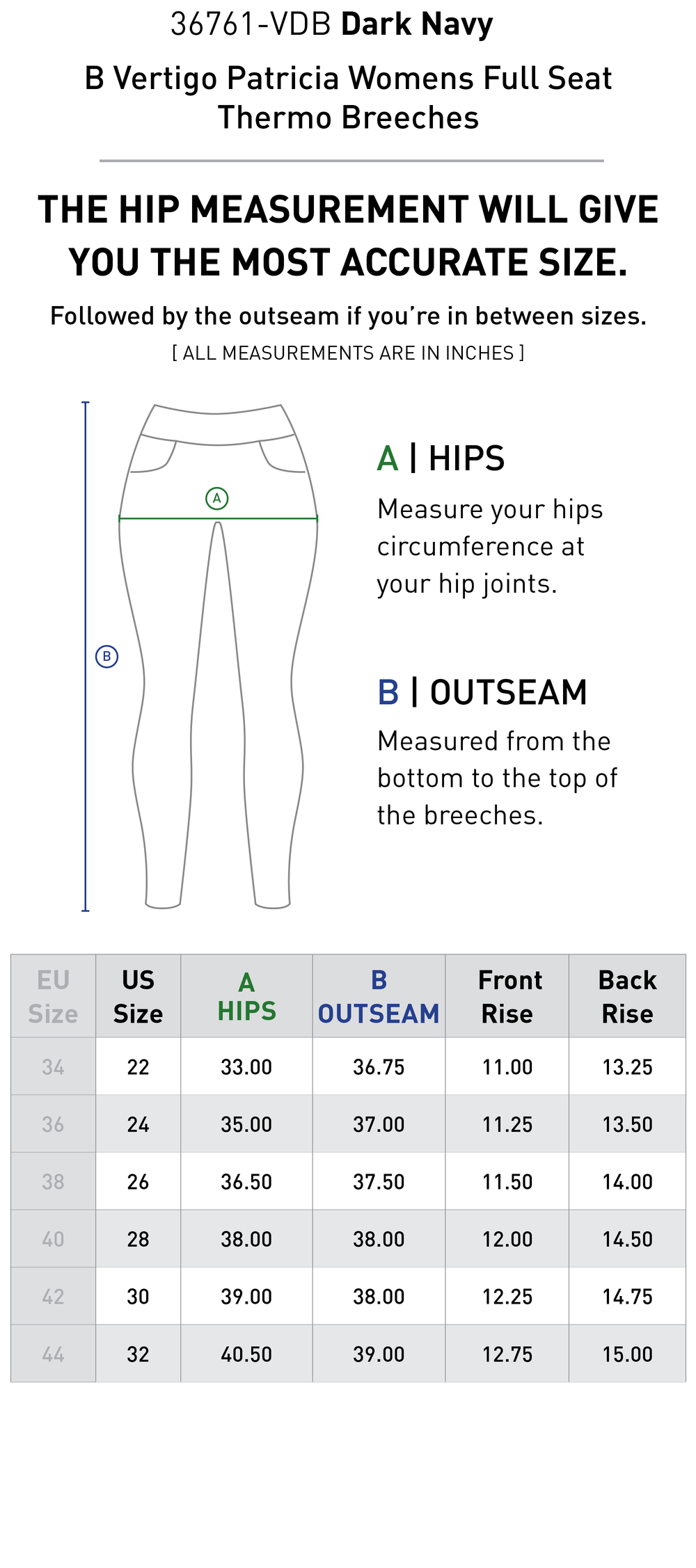 Size chart: Women's Full Seat Breeches & Tights