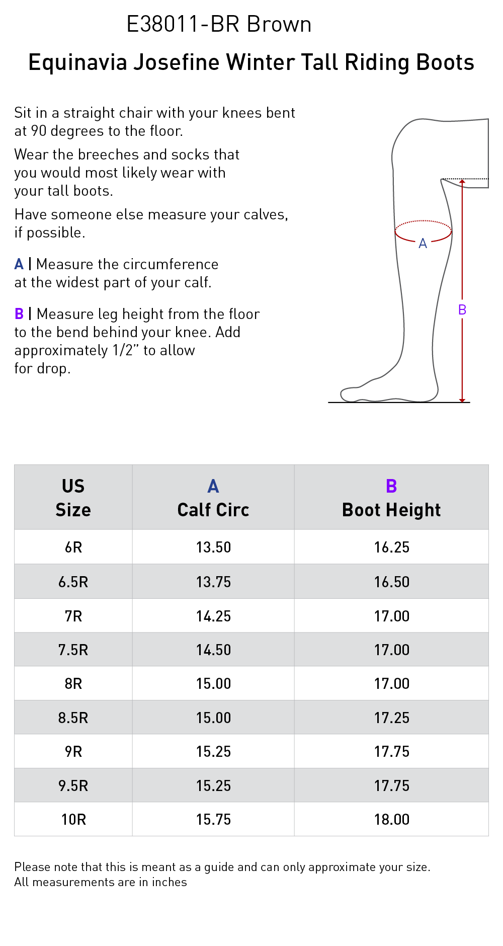 Size chart: Dress & Dressage Boots