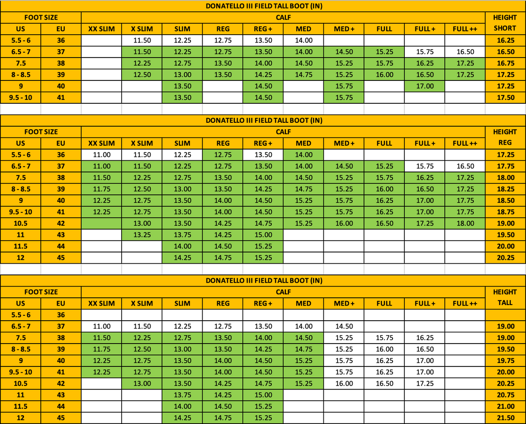 Size chart: Field Boots