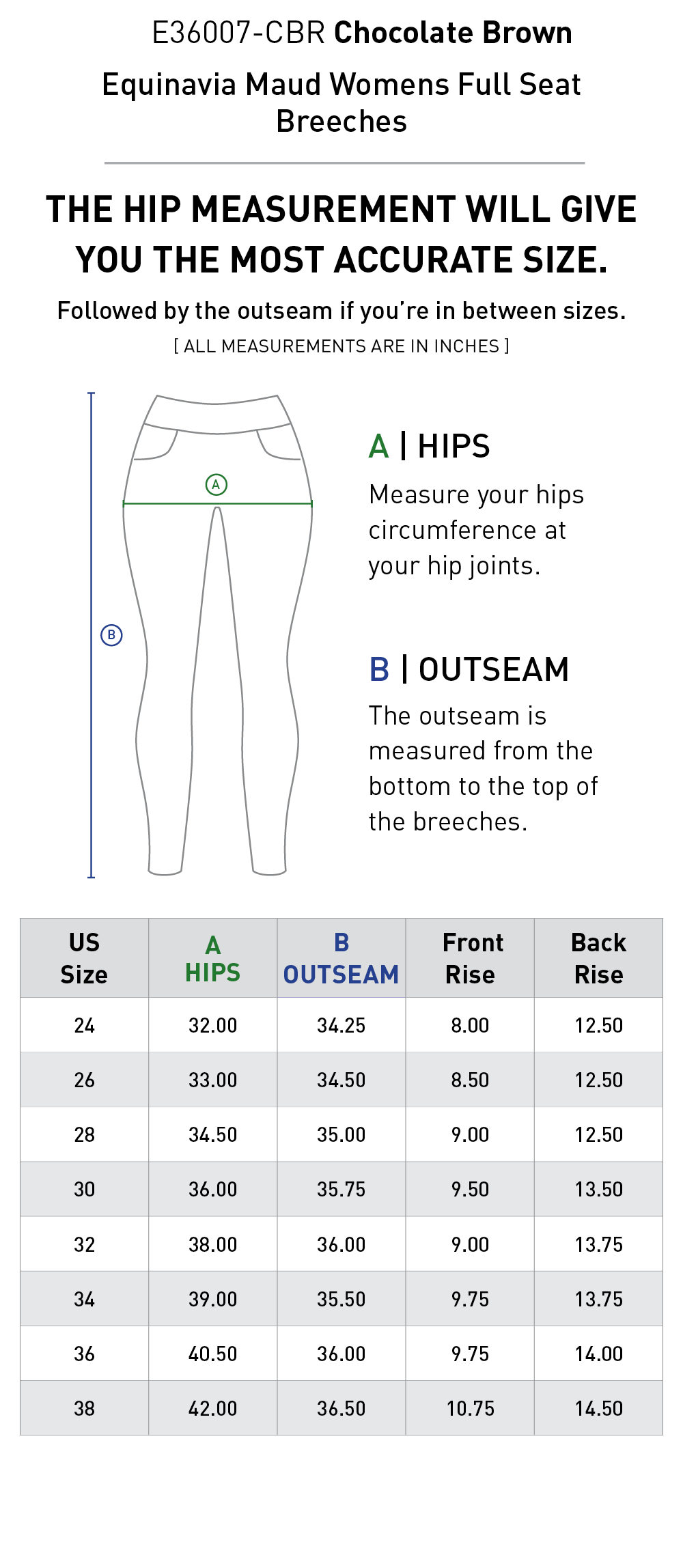 Size chart: Women's Full Seat Breeches & Tights