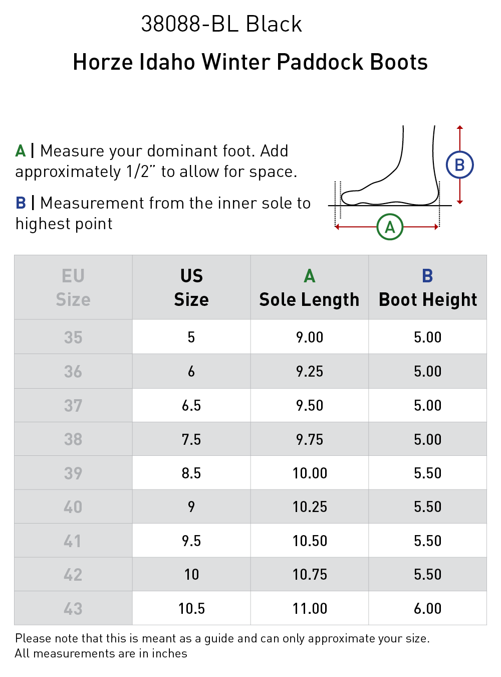 Size chart: Paddock Boots