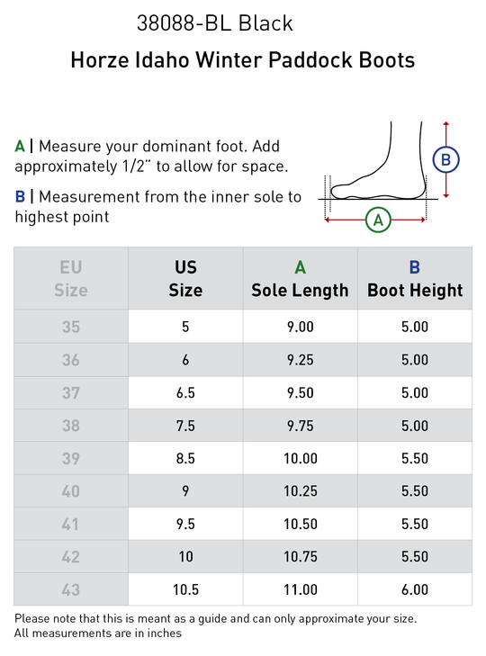 Size chart: Paddock Boots