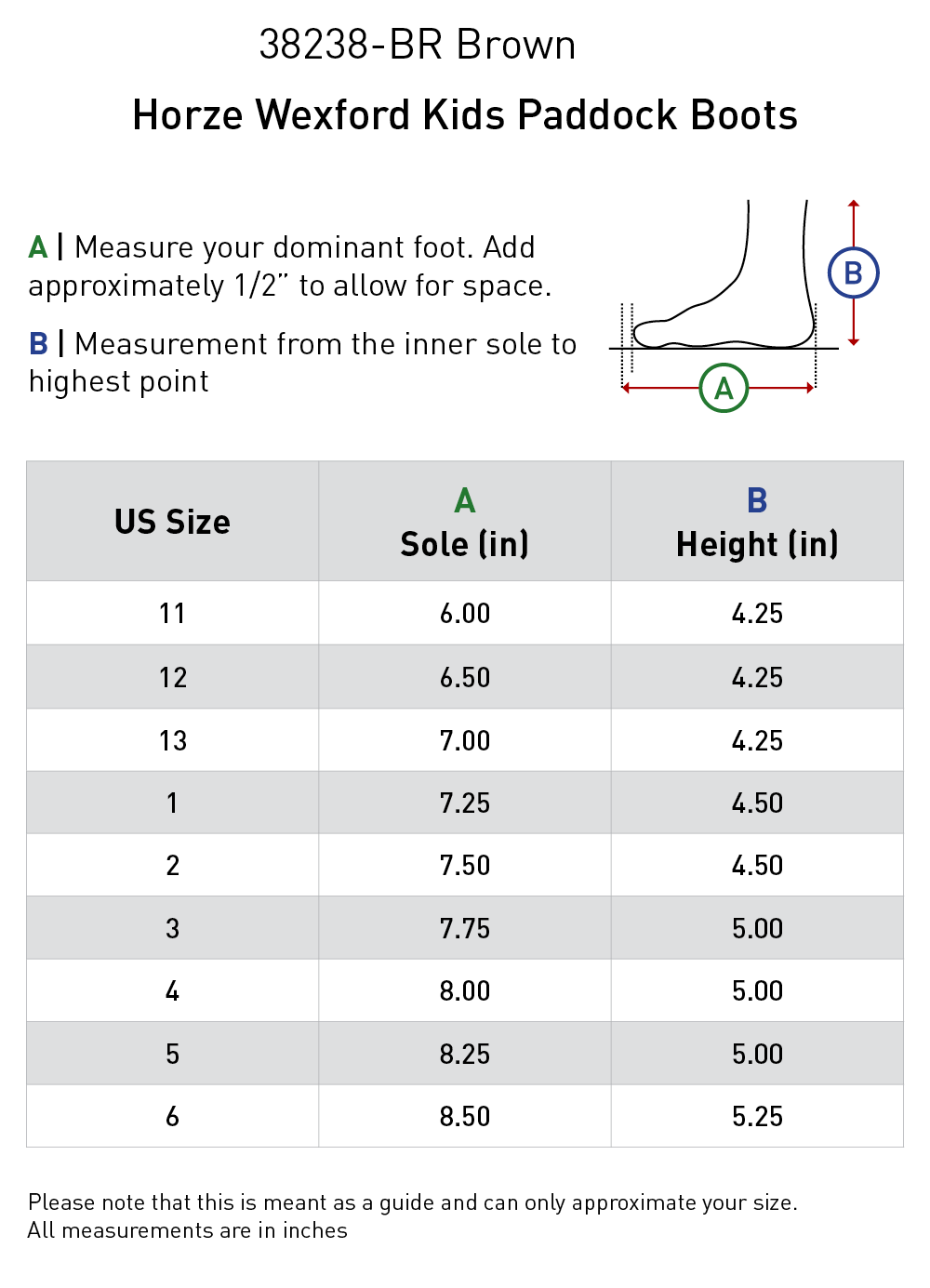 Size chart: Paddock Boots