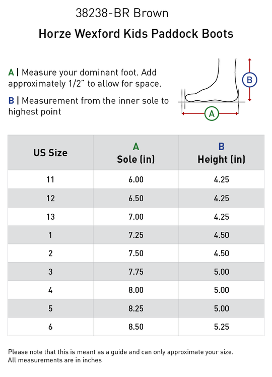 Size chart: Paddock Boots
