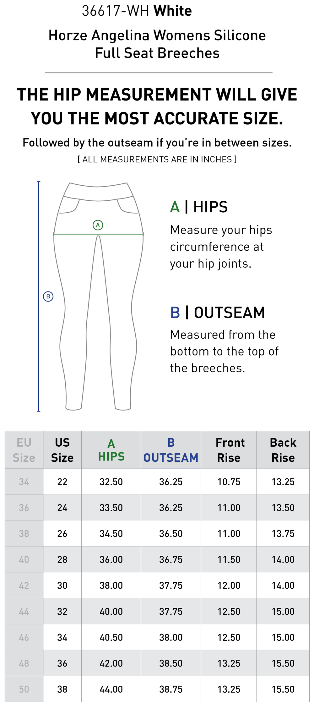 Size chart: Women's Full Seat Breeches & Tights