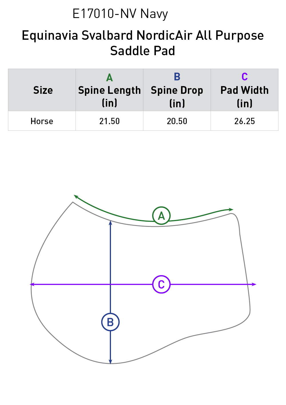 Size chart: Square All Purpose Saddle Pads