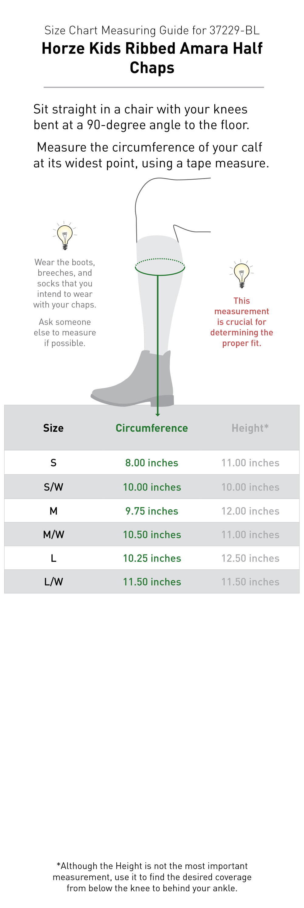 Size chart: Half Chaps