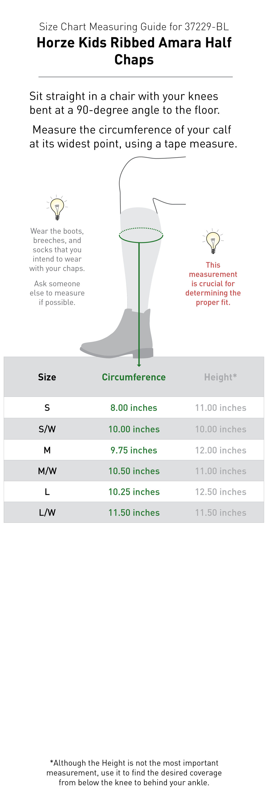 Size chart: Half Chaps