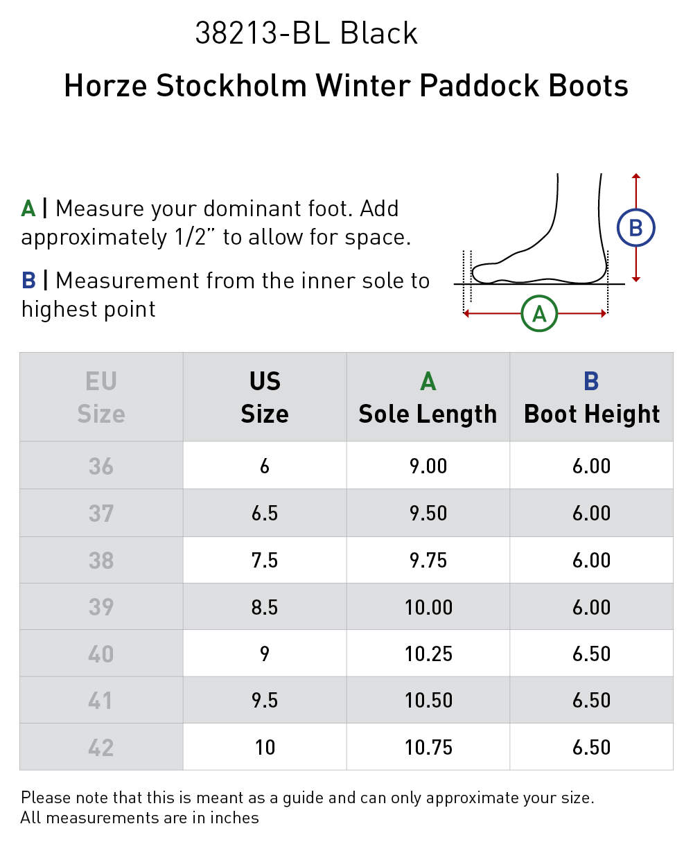 Size chart: Paddock Boots