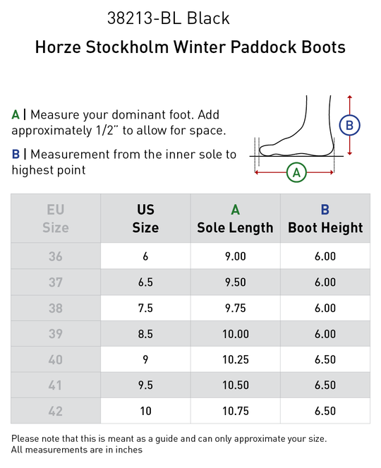 Size chart: Paddock Boots