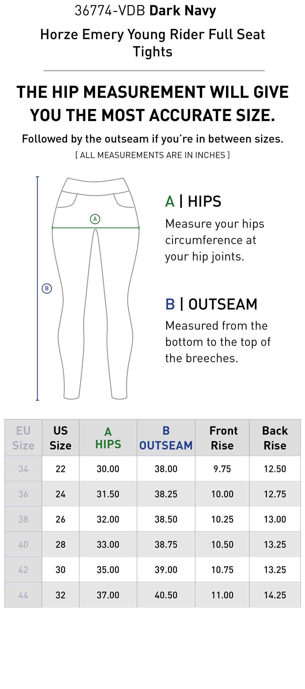 Size chart: Kid's Full Seat Breeches & Tights