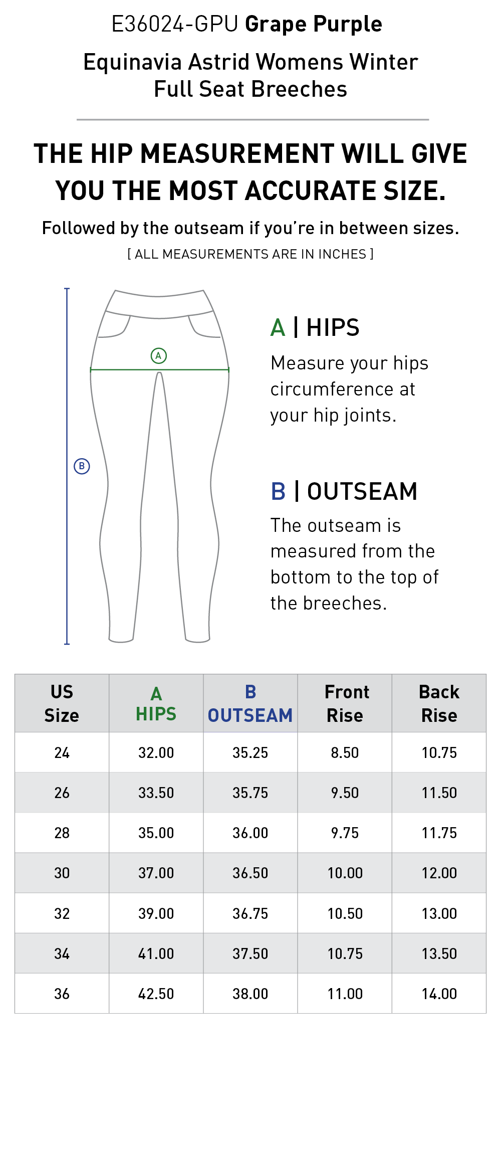 Size chart: Women's Full Seat Breeches & Tights