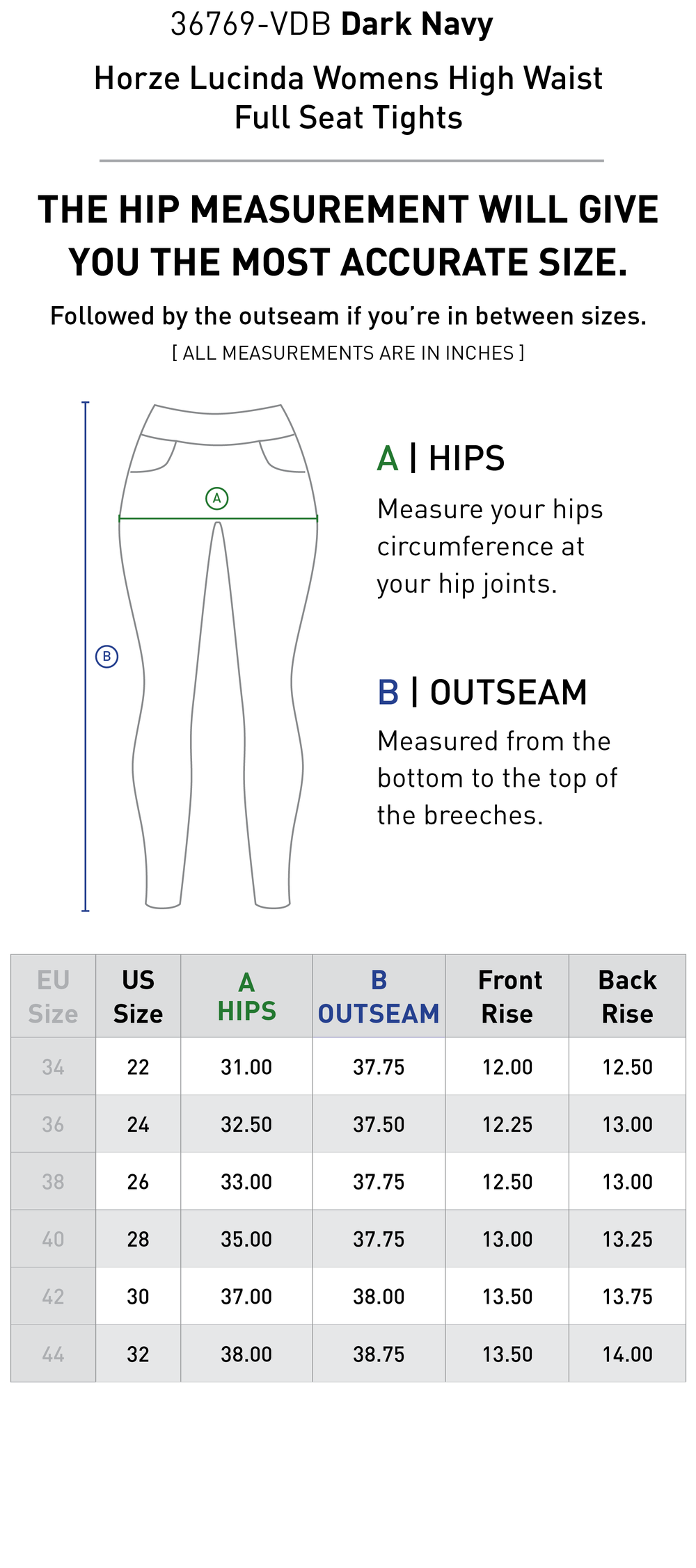 Size chart: Women's Full Seat Breeches & Tights
