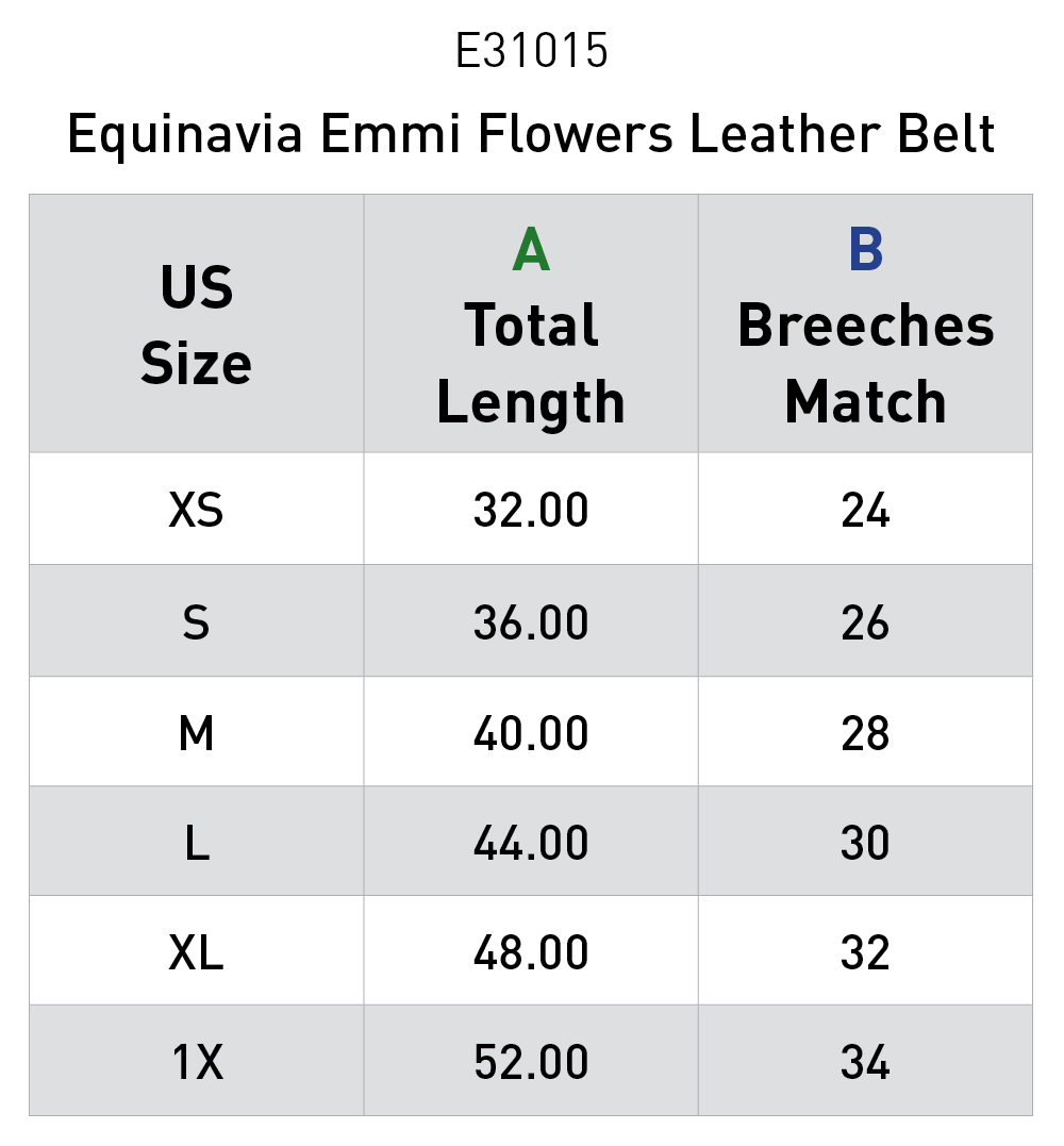 Size chart: Equestrian Belts