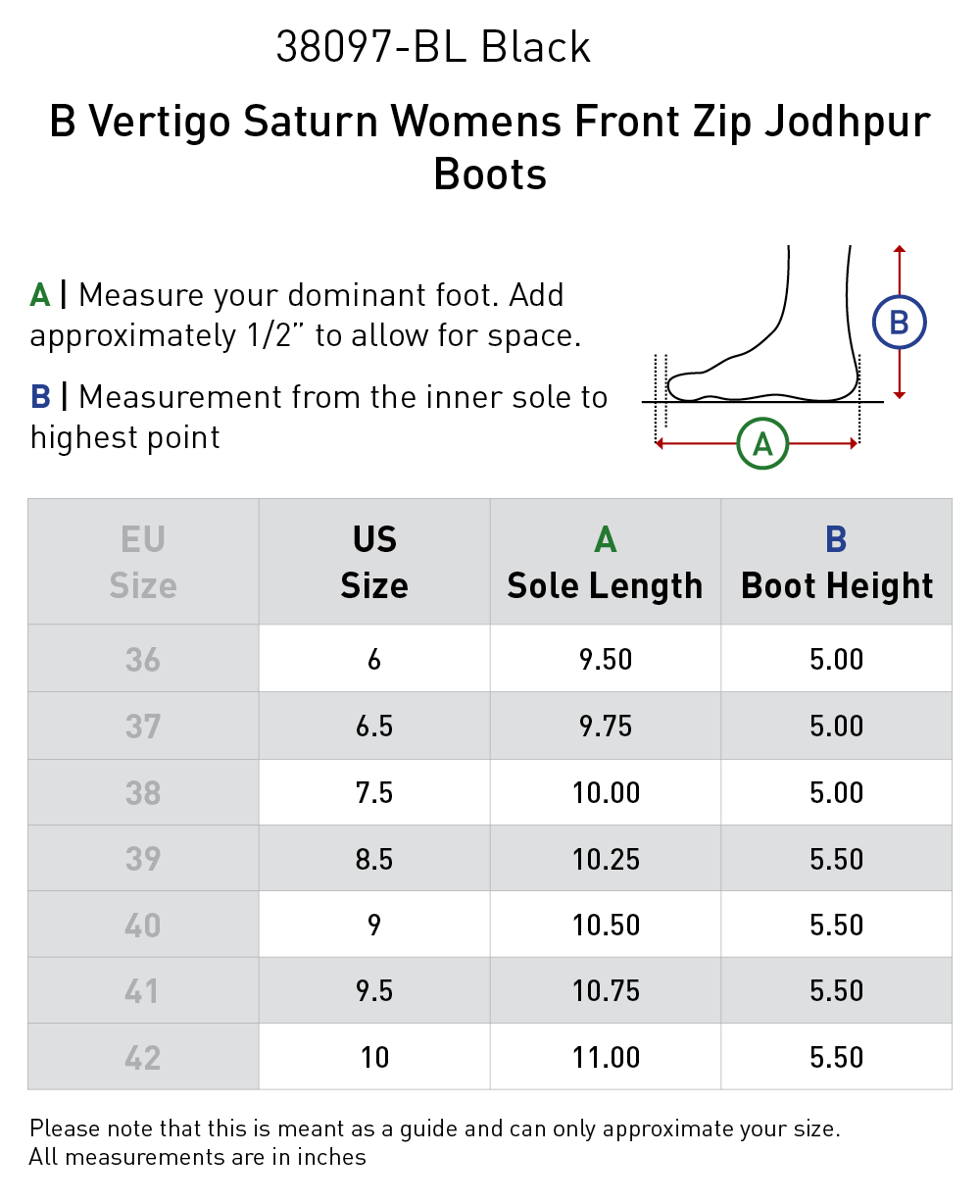 Size chart: Paddock Boots