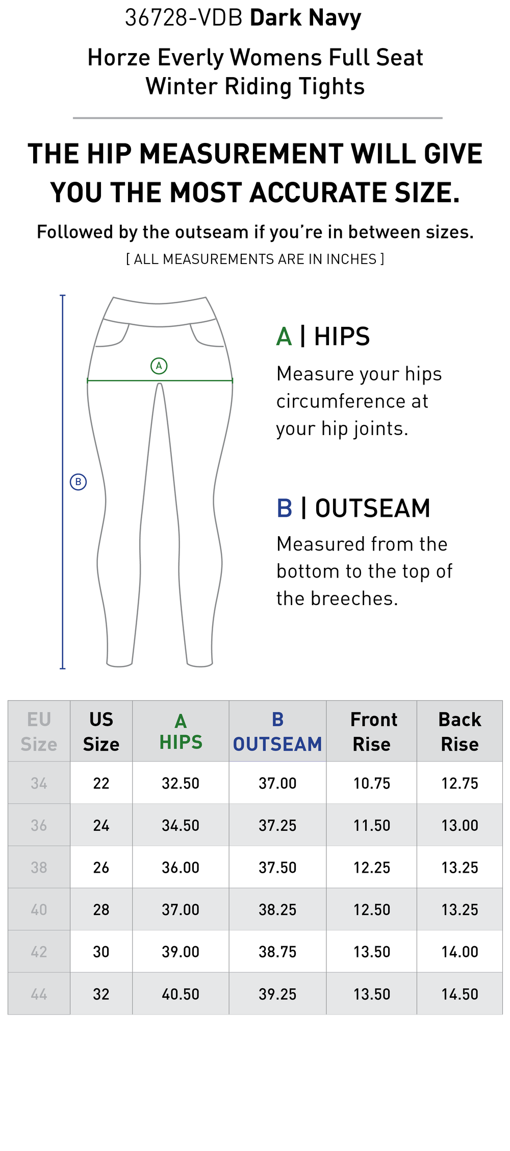 Size chart: Women's Full Seat Breeches & Tights