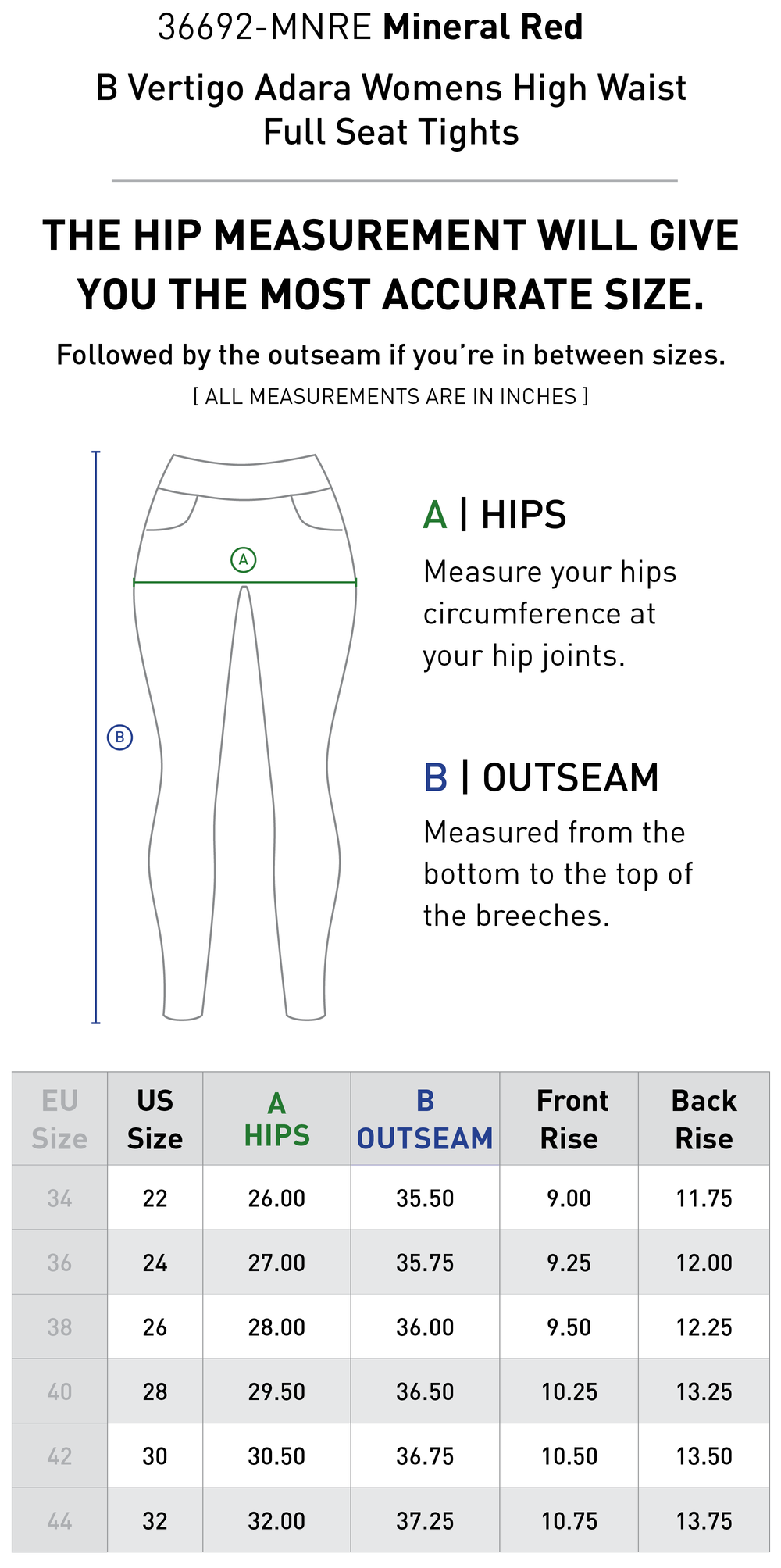 Size chart: Women's Full Seat Breeches & Tights