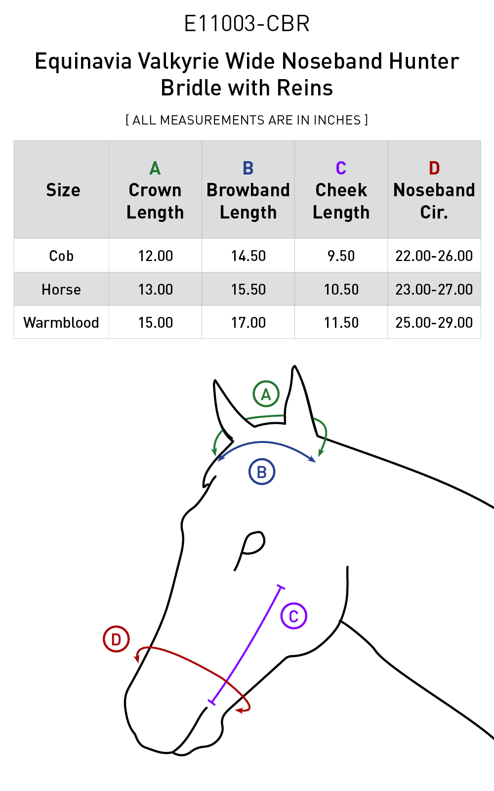 Size chart: English Bridles