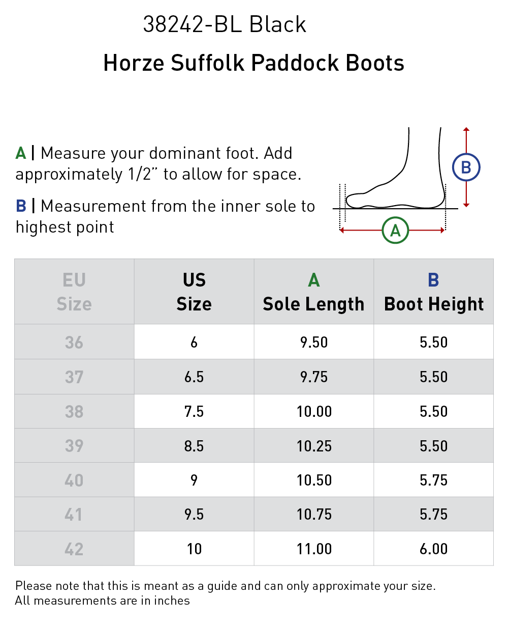 Size chart: Paddock Boots