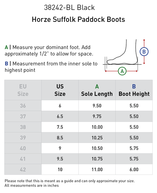 Size chart: Paddock Boots