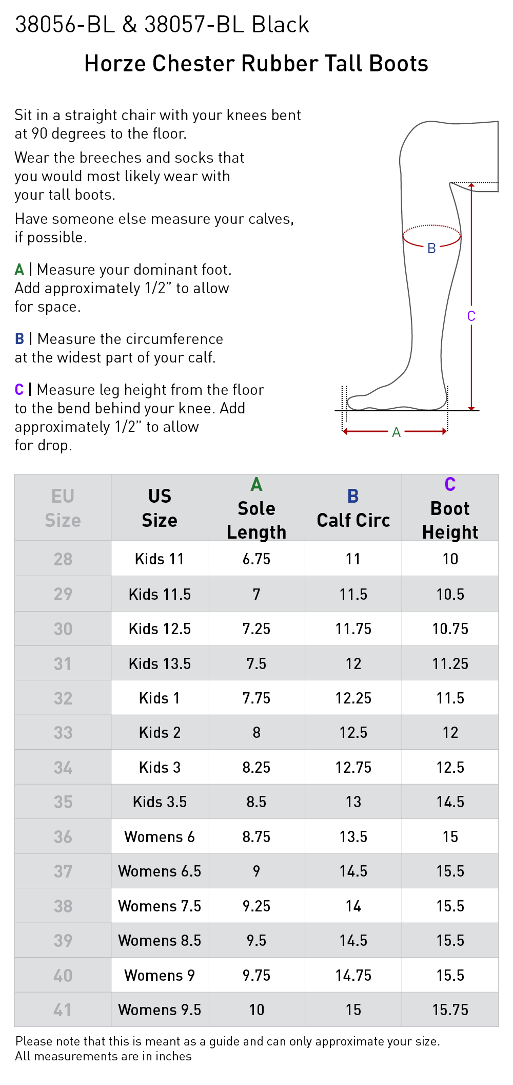 Size chart: Dress & Dressage Boots