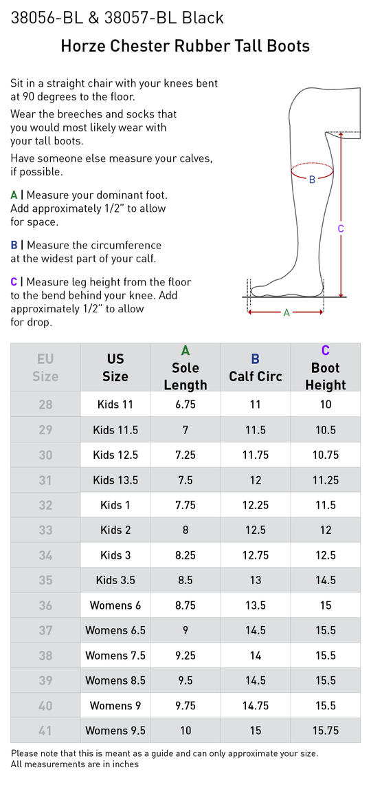 Size chart: Dress &amp; Dressage Boots