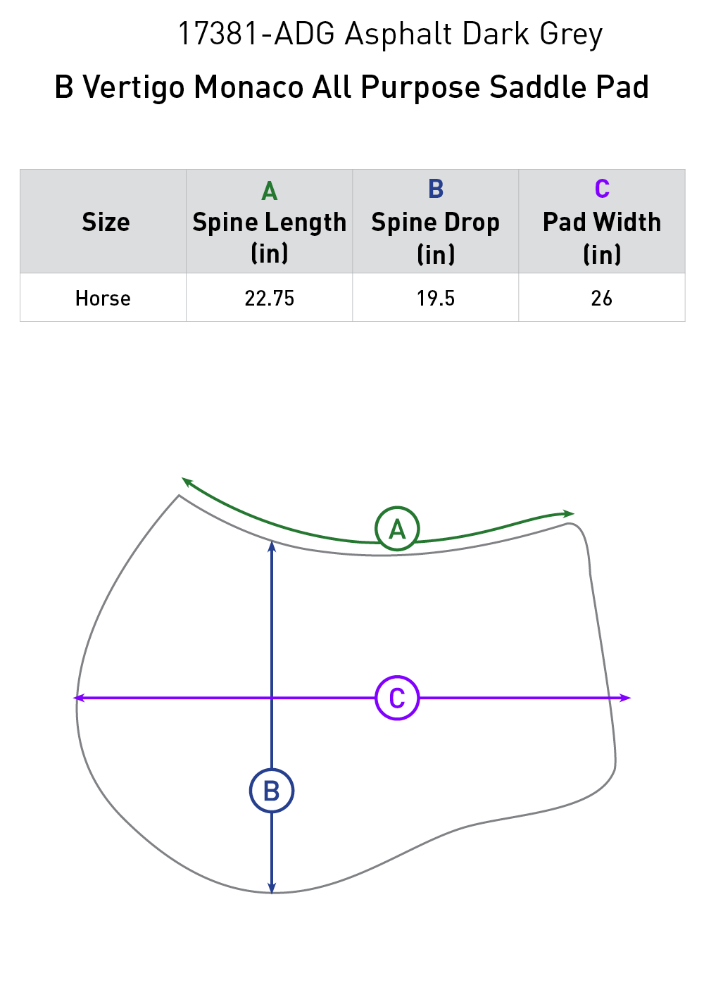 Size chart: Square All Purpose Saddle Pads