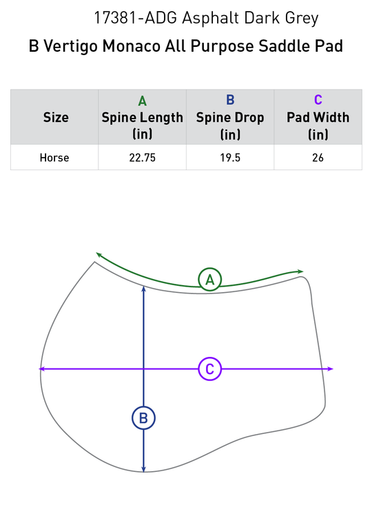 Size chart: Square All Purpose Saddle Pads