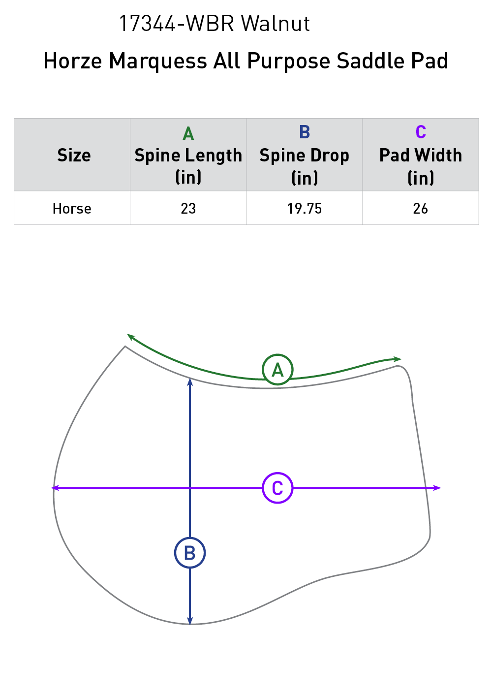 Size chart: Square All Purpose Saddle Pads