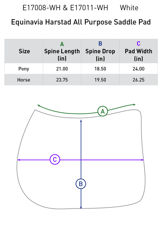 Size chart: Square All Purpose Saddle Pads