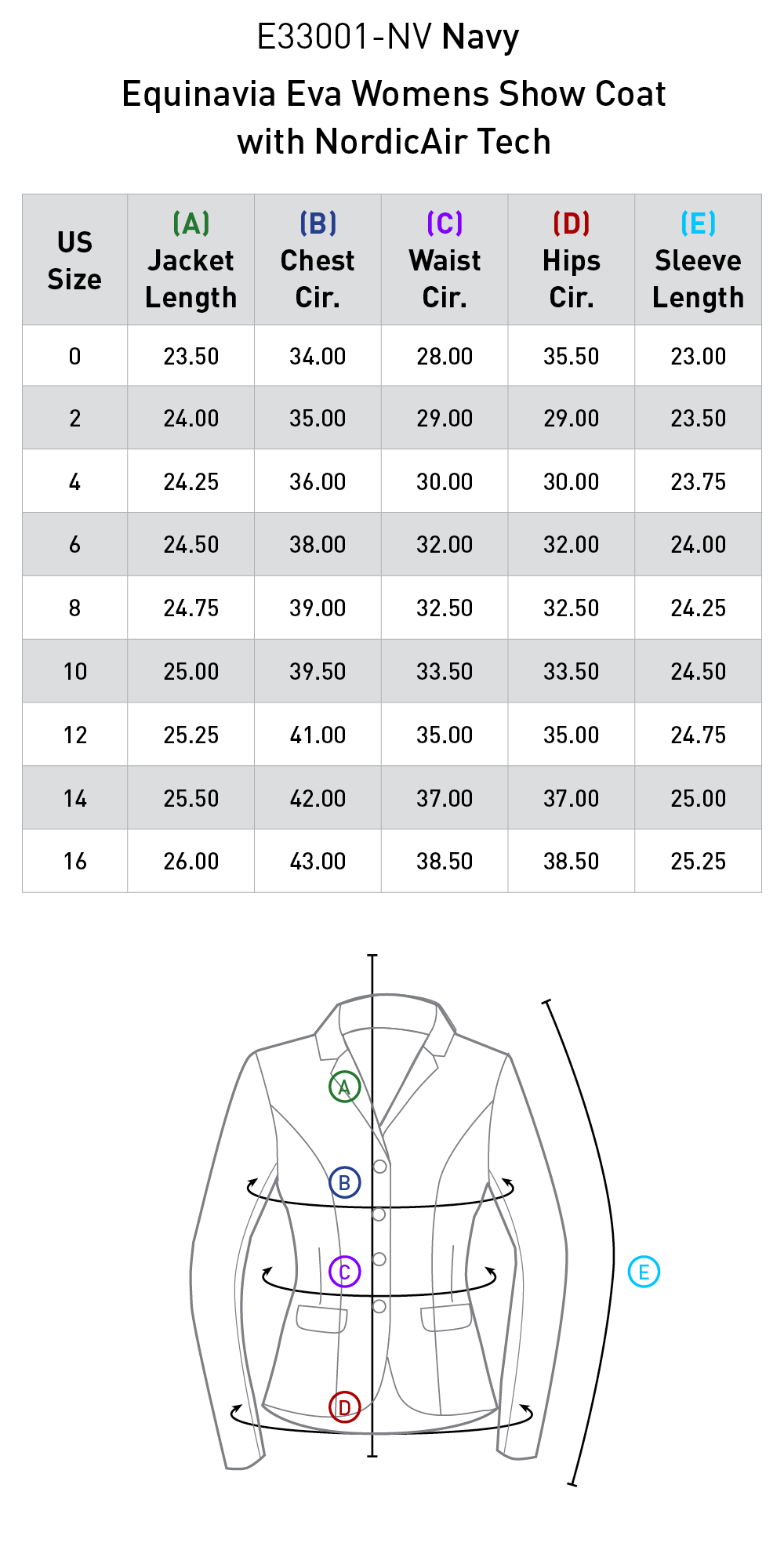 Size chart: Show Coats